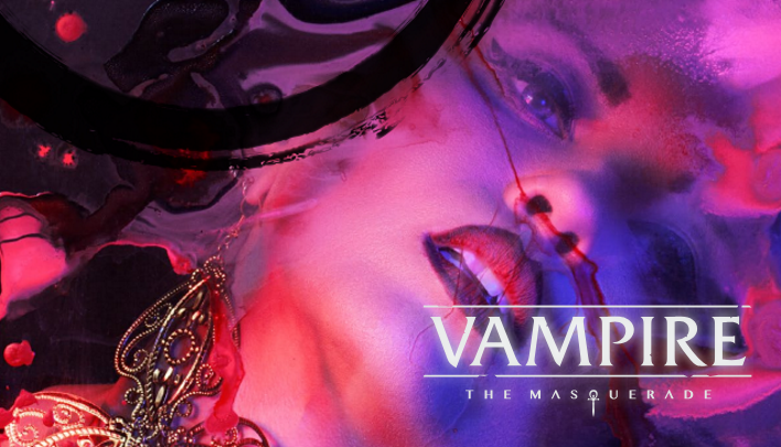 Image promotionnelle de la couverture de la 5e édition de Vampire La Mascarade. Le visage d'une femme sensuelle est baignée dans un mélange de couleur rouge et violet. En bas à droite, le logo du jeu, le texte anglais "Vampire The Masquerade"