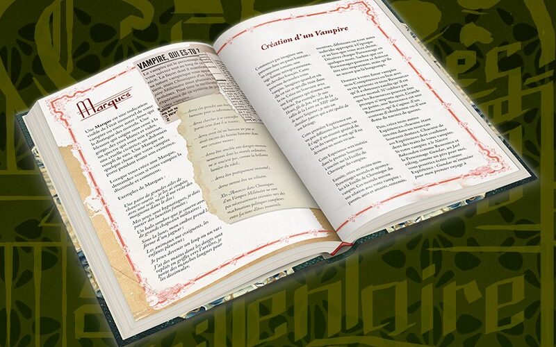 Livre-jeu Chroniques d'un Vampire Millénaire, ouvert en son milieu, montrant les pages de règles "Marques" et "Création d'un Vampire"